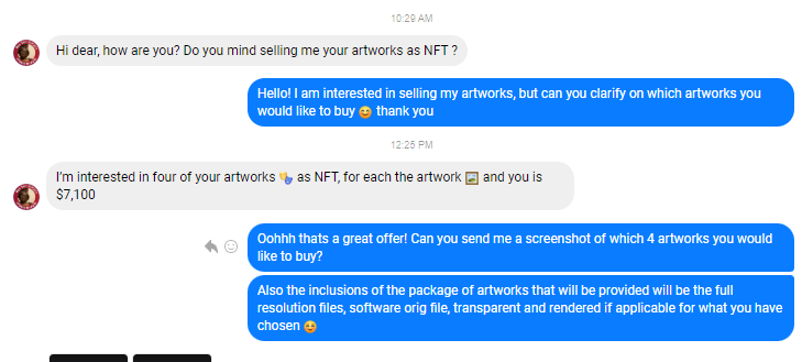 Jmatt37art's tweet photo. Alright So I encountered a SCAMMER lately, trying to buy my art as NFT collection, offering me a very high price.
Although I lost $37 worth of ETH, at least I didnt lose my artworks
#scammers #artscammer #nftscammer #ScamAlert #bewareofscammers https://t.co/D1DCnCOow0