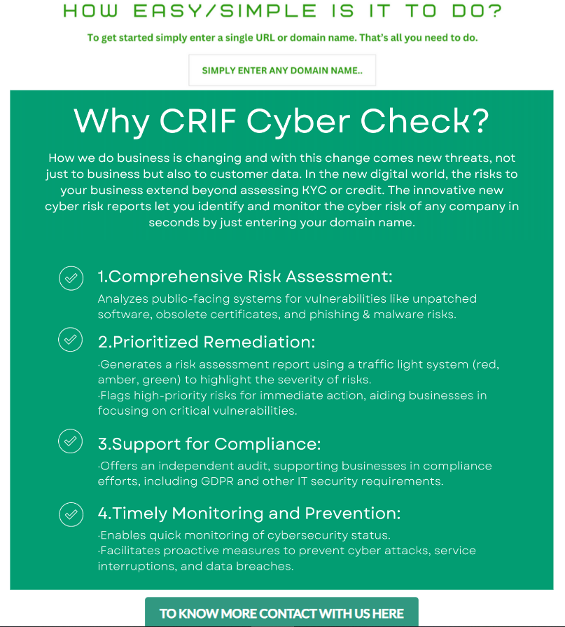 DATASECURE PARTNERS WITH CRIF!

CYBER RISK MANAGEMENT SOLUTION - EASY TO USE & LOW COST

TO KNOW MORE CONTACT US HERE - datasecure.ind.in/contact-us/

#datasecure #crif #cyberrisk #cybermanagement #lowcost #easytouse #cybercheck
