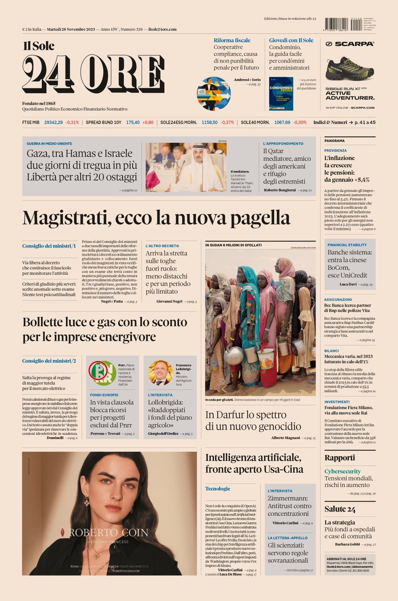 sole24ore's tweet photo. Sulla prima pagina del #Sole24Ore di oggi, martedì #28novembre: #magistrati, ecco la nuova pagella. #Bollette luce e gas con lo sconto per le imprese energivore. #IntelligenzaArtificiale, fronte aperto Usa-Cina. #buonalettura #primapagina https://t.co/1Ukhx3ggOO