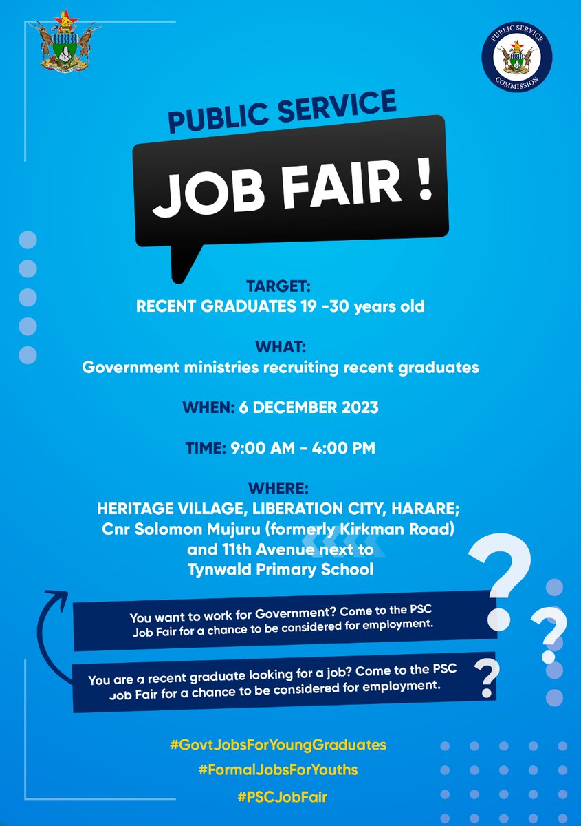 psczimbabwe's tweet photo. Jobs! Jobs! Jobs! We are so excited! We have a Job Fair coming up targeting recent graduates.  Jobs are available for recent graduates.  See attached flyer and Watch this space for further details.
#GovtJobsForRecentGraduates
#FormalJobsForYouths
#PSCJobFair https://t.co/o4lfoG5YMQ