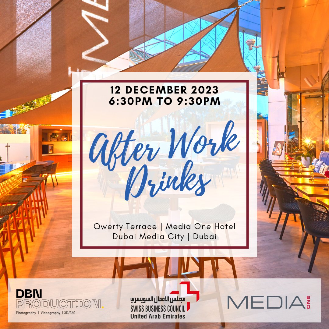We look forward to welcoming you at the #afterworkdrinks December edition, at Media One. Photos will be taken by DBN Production
#afterwork #networking #networkingevent #meetourmembers #buildnetworks #dubai  #swissbcuae #swisscommunity #swissabroad #swissindubai #swissinuae