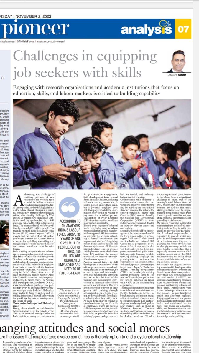 dineshkumarsood's tweet image. Excited to share my Pioneer article on skilling India&apos;s workforce, upskilling, and recognizing informally acquired skills amid demographic shifts and technological advancements. Join me in exploring strategies for skill development, global mobility, and gender-inclusive growth.