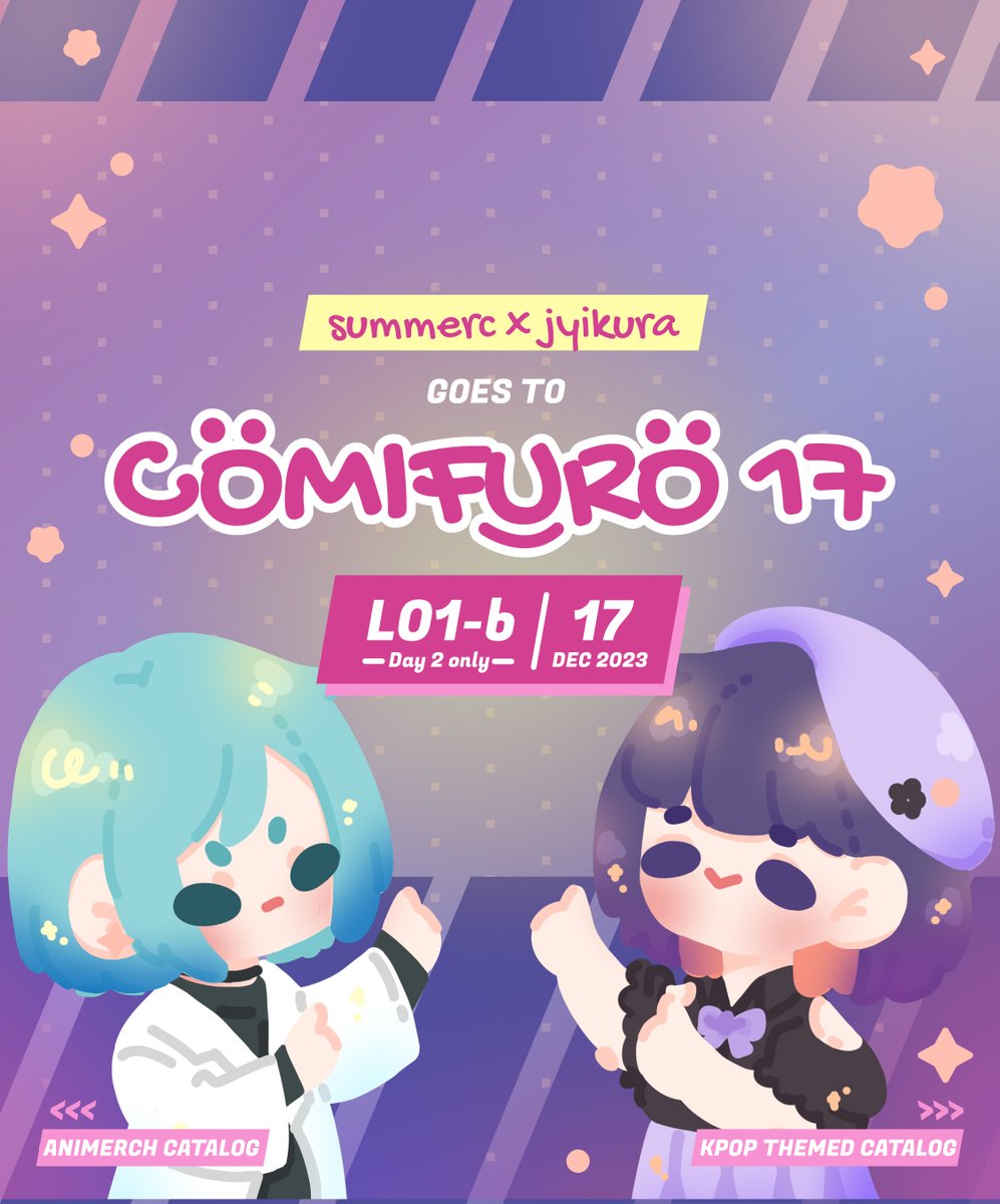[RT&amp;Likes appreciated]
✨COMIFURO 17 CATALOG✨
Haii! Aku bakalan dateng di #comifuro17 Day2 nanti bareng <a href="/jyikura/">jyi</a> Desember ini!! 
🟣 Book period : 27/11 - 08/12 , 2023
🟣 Fandom : Seventeen, Genshin Impact, Jujutsu Kaisen, BTS, TXT 
Thread &amp; form dibawah!^^
 #comifuro17catalogue