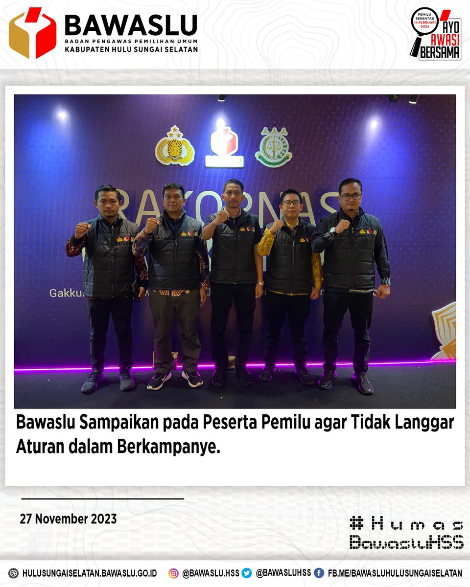 BawasluHss's tweet photo. Jakarta 27 November 2023
Gakkumdu Kabupaten Hulu Sungai Selatan menghadiri Rapat Koordinasi Nasional Sentra Penegakkan Hukum Terpadu (Gakkumdu) yang bertempat di Hotel Grand Sahan prasarana, dan Sosialisasi Pertaturan Bawaslu.

#HumasBawasluHSS
#BawasluMengawasi
#rakornas https://t.co/eSNKj5Y1Fe