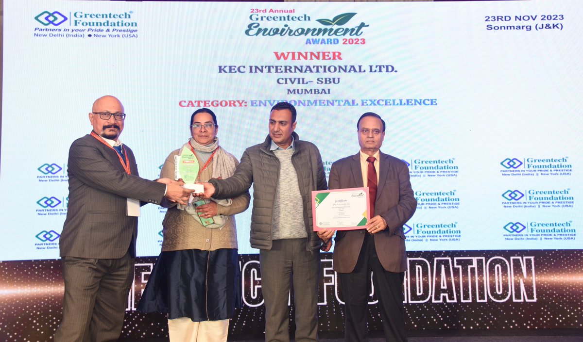 KEC_Intl's tweet photo. KEC received Environmental Excellence Award from Greentech Foundation. We remain committed to developing businesses that promote overall sustainability. #KECInternational #KECxESG #ThisIsRPG @kejriwalv1 @RPGEnterprises @SaeTowers @KEC_AsianCables https://t.co/CPS9r2z1BD