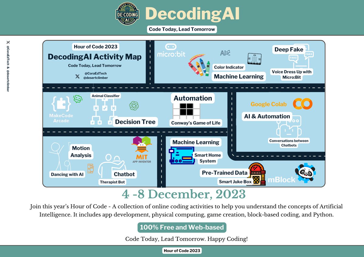 Thrilled to announce that <a href="/desertclimber/">Dalton Flanagan(he/him)</a> and I curated this year's #HourOfCode activities with a focus on #AI! 100% free and web-based coding activities for primary &amp; middle school students. Start your AI journey 🔗linktr.ee/CoraEdTech. #Coding #Education #EdTech #innovation