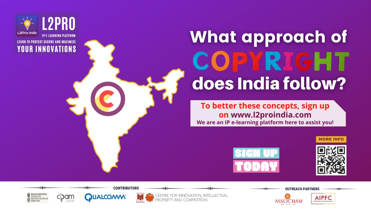 l2pro_india's tweet photo. What approach of #Copyright does India follow?
India follows a balanced approach to copyright that takes a middle way between the test of Sweat of the Brow and Creativity.
Big thanks to @NLUDofficial
#l2pro #iprights #intellectualproperty #ipnews #ipupdates https://t.co/zKuWN5e19n