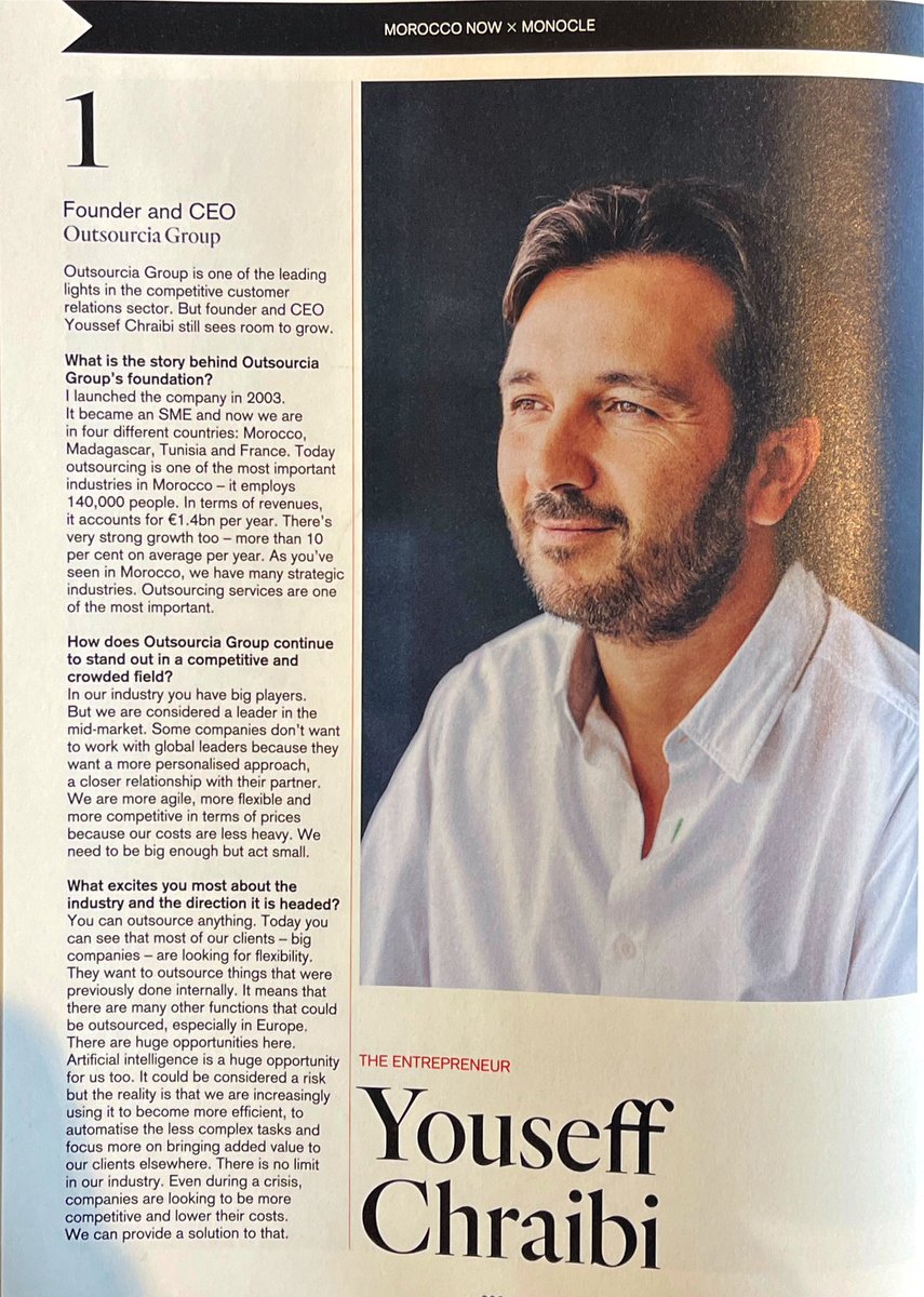Thanks to <a href="/MonocleMag/">Monocle Magazine</a> for this interview on the #20years history of <a href="/Outsourcia/">Outsourcia</a> and for the quality of it’s report on the strategic Moroccan export sectors