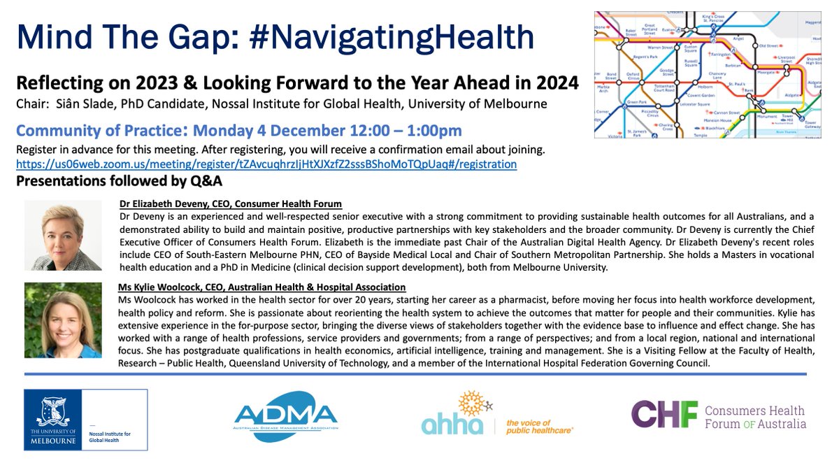 Join us for our last #NavigatingHealth event of 2023!
 
Featuring national 🇦🇺 health leaders Dr Elizabeth Deveny + @KylieWoolcock CEOs of @CHFofAustralia and @AusHealthcare

Reflecting on 2023 + Looking forward to 2024. 
events.unimelb.edu.au/nossal-institu…

@NossalInstitute @UniMelbMDHS