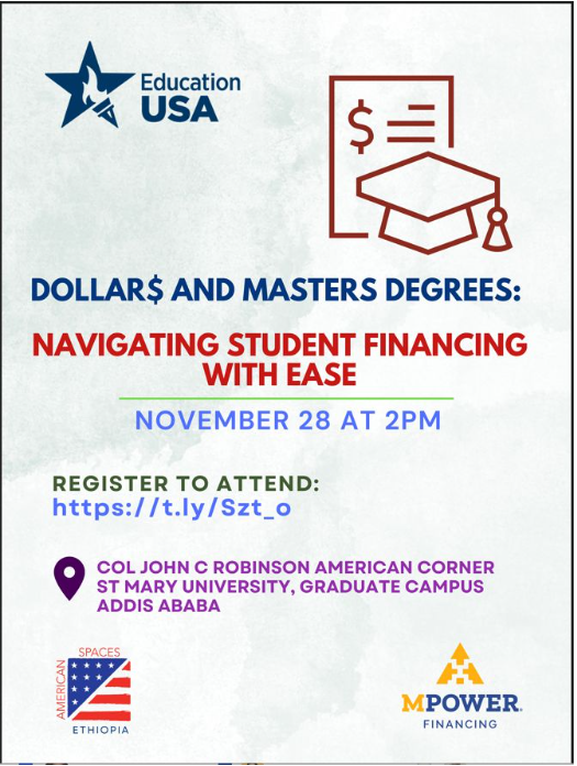We at @MPOWERfinancing in partnership with @educationusa are pleased to be graciously hosted today at @SMUCEthiopia 'Dollar$ and Master's Degrees: Navigating Student Financing with Ease' A few slots left. You can register here! lnkd.in/eESxC9TK