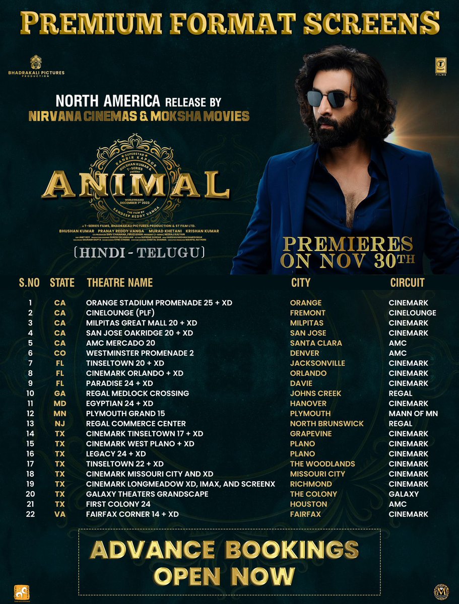 RanbirDaily's tweet photo. Here is the USA premium screens list for #Animal. Witness the MADNESSSS on BIGGGG screen.
Box Office jalane ka waqt aa gaya 🔥🔥🔥
North America release by @NirvanaCinemas &amp; @MokshaMovies 
#AnimalManiaBegins #AnimalPremieres #AnimalOnDec1st #AnimalTheFilm 
#Animal #AnimalOn1stDec https://t.co/FUjTUdO0aB