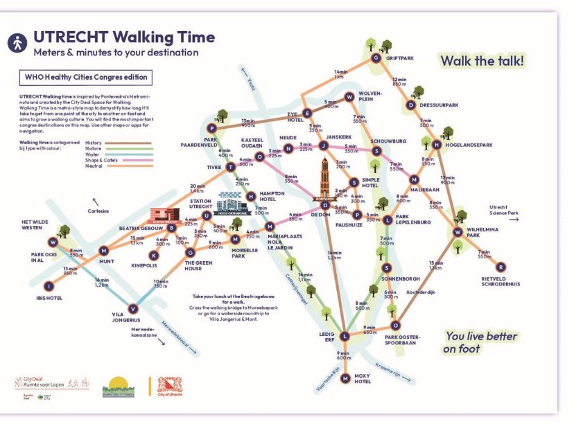 The walking time map of Utrecht, as if it were a metro system. This map was made in honour of a congress on healthy cities. I would say: make a version for every district and every city in every country and deliver it digitally.