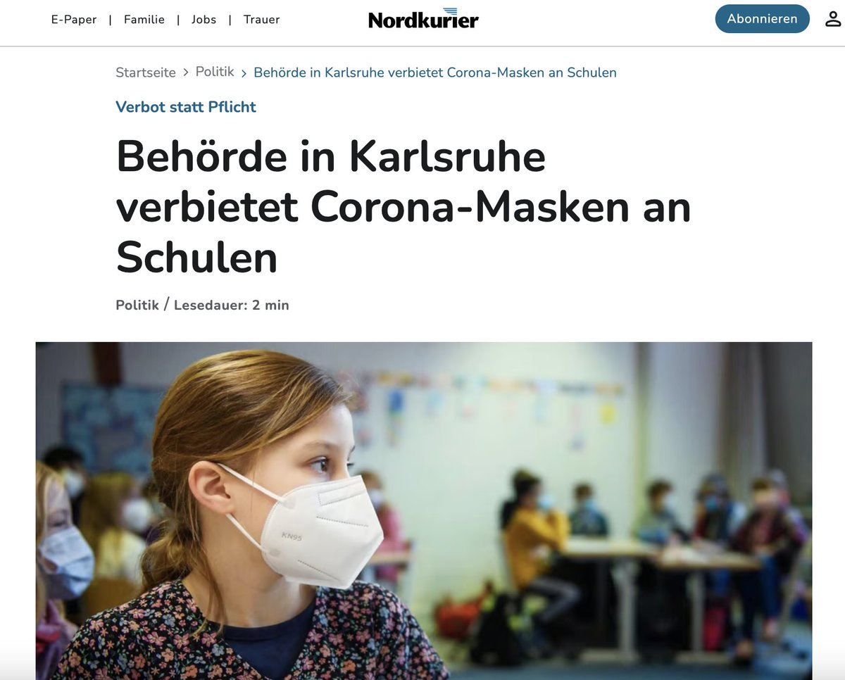 Maskenverbot in Schulen: 

Wer an Schulen in Karlsruhe eine #Corona- #Maske  tragen will, braucht dafür jetzt eine Genehmigung. Ansonsten muss das Gesicht freibleiben, so das zuständige Regierungspräsidium. Das gilt für Schüler wie für Lehrer.

Mit welcher Begründung?

Die