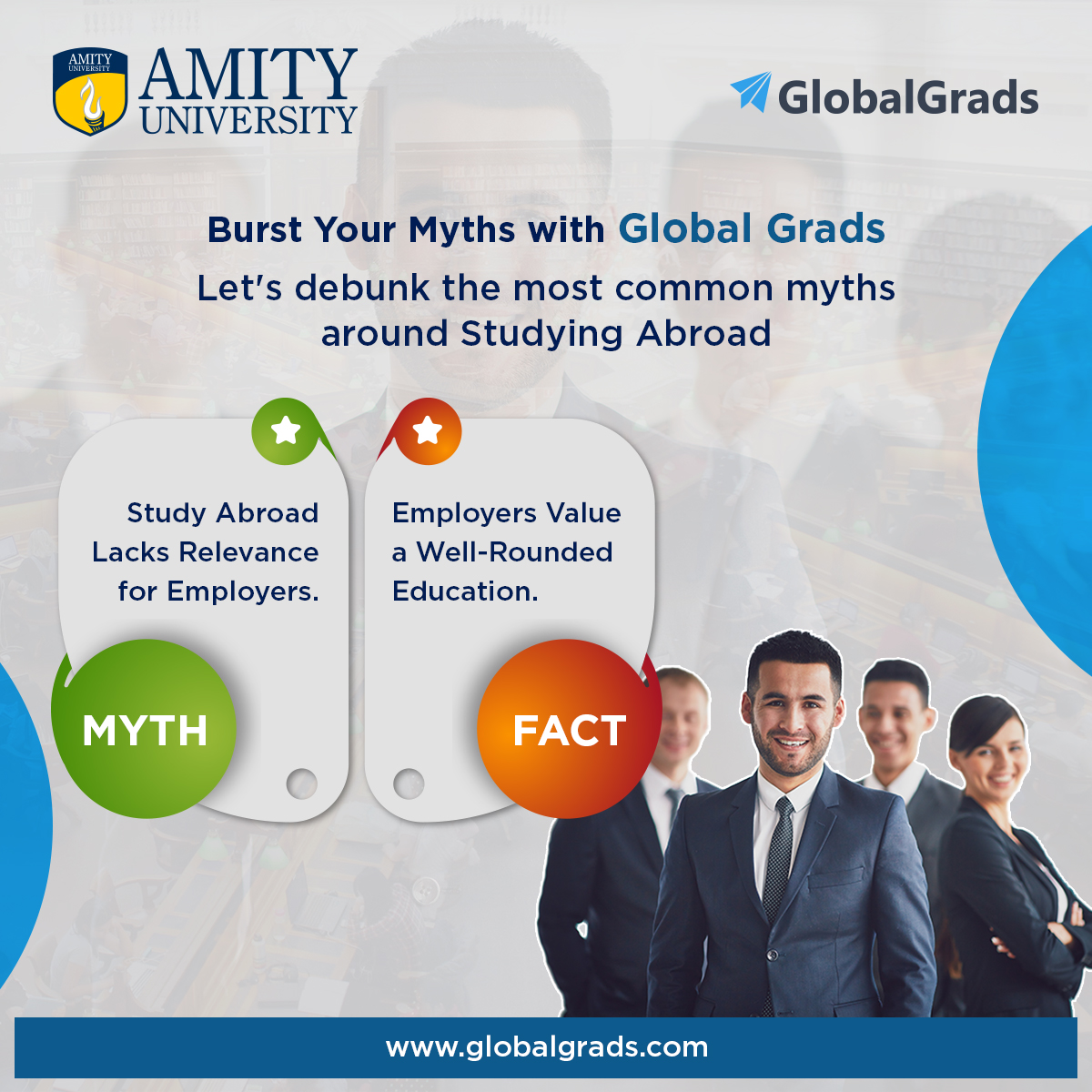 Burst Your Myths with Global Grads!
Myth: Employers do not give importance to study abroad. Fact: A holistic education is greatly valued in the eyes of employers, enhancing your career prospects globally!
#mythsandfacts #globalgrads #InternationalStudents #travellife #studentlife