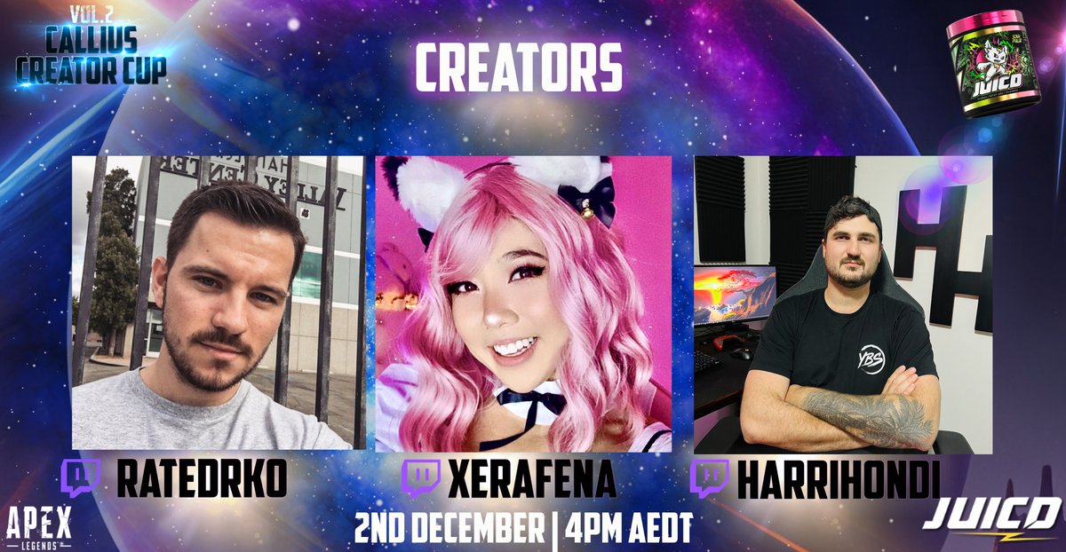ItsCallius's tweet image. Please welcome or first three creators! 🫡

@RatedRKO_TV 
@Xerafena 
@harrihondi 

These three are always down for a good time! Catch them fragging out at 4pm this Saturday! 🔥🏆