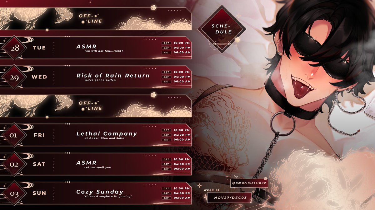 xRekudo's tweet photo. 🦇Weekly Schedule 🖤
Nov 27 - Dec 03
General: #Rekudo
Live: #RekuLive
Art: #RekudoArt
NSFW: #R18Kudo
Fans: #Batlings
Memes: #RekuMemes
Clips: #RekuClips https://t.co/Tc1MljIWCs