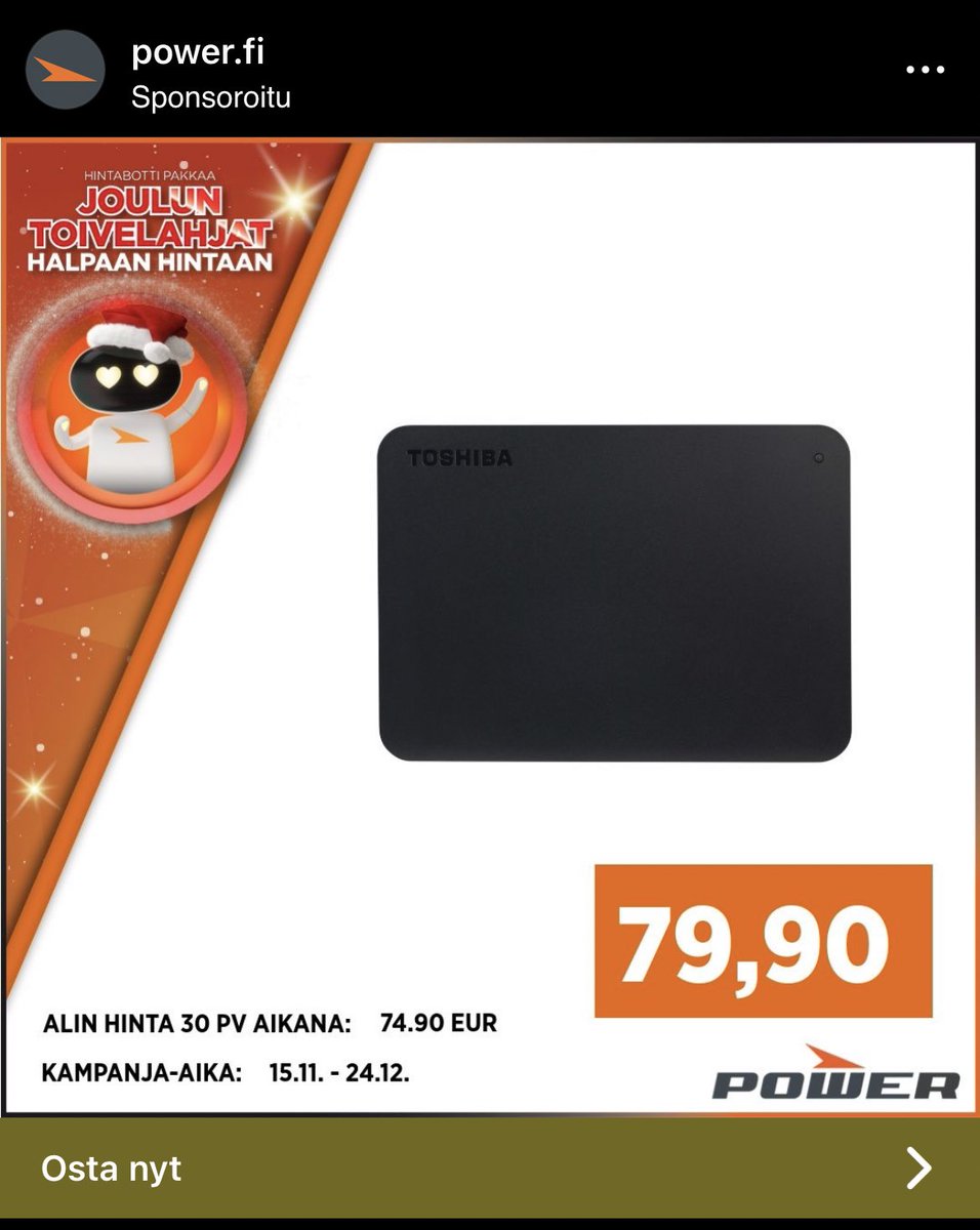 AjVesa's tweet photo. Parhaat Black Friday -”tarjoukset” by Power:

Kovalevy. Säästä -5 €! https://t.co/wW95R7xcKY