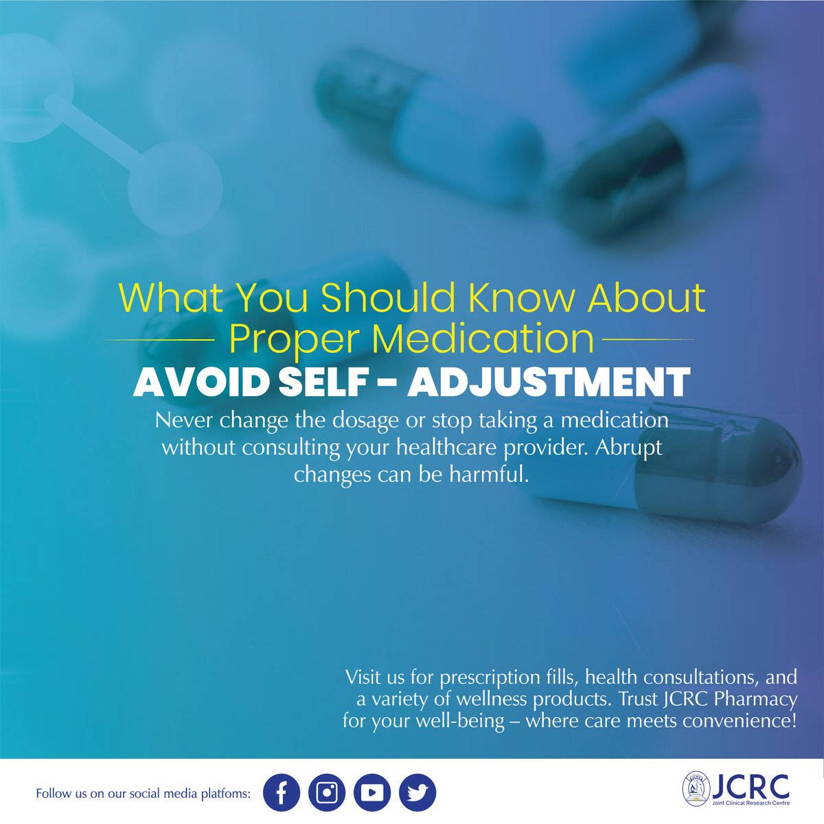 Here is what you should know about proper medication. Visit us for prescription fills, health consultations, and a variety of wellness products. Trust JCRC Pharmacy for your well-being – where care meets convenience! #YourLifeMatters