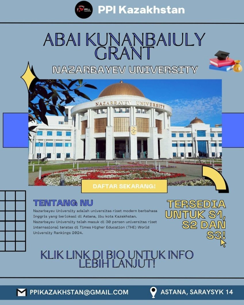 BEA SISWA S1, S2 dan S3 di ASTANA #Kazakhstan di Nazarbayev University <a href="/NUedukz/">Nazarbayev University</a> ikuti informasi di <a href="/PPI_Kazakhstan/">PPI Kazakhstan</a> dan kbri astana <a href="/nursultan_kbri/">Indonesian Embassy Astana</a> ~ #DubesRIKazakhstanTajikistan #IniDiplomasi #RintisKemajuan #KBRIAstanaTheServingEmbassy #KBRIAstanaMajuIndonesiaMaju <a href="/Kemlu_RI/">MoFA Indonesia</a>