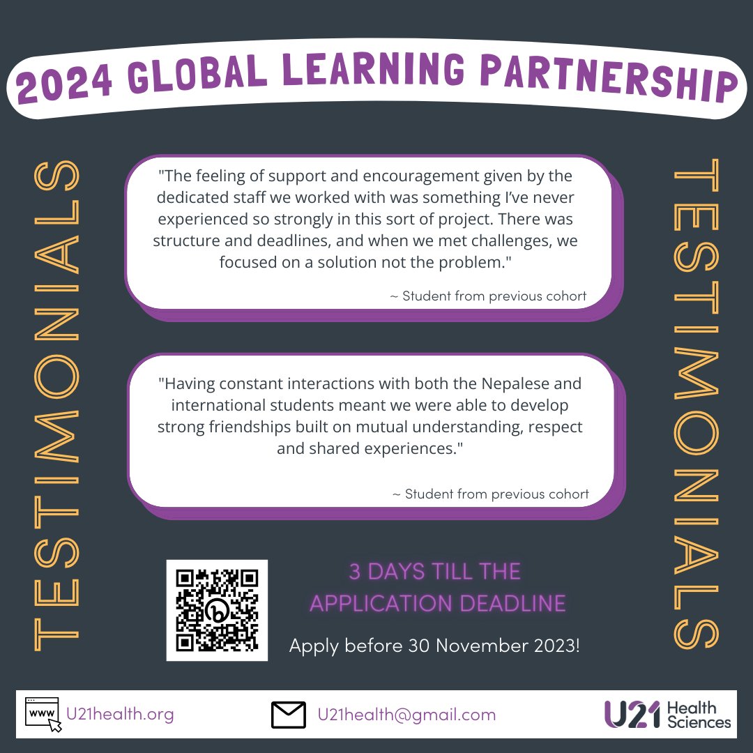 What do students from earlier cohorts in the Global Learning Partnership share about their participation in the GLP? Application for the 2024 GLP closes on 30 Nov. Don’t miss the chance to join! u21health.org/global-learnin… #U21health #U21HealthSciences #GlobalLearningPartnership