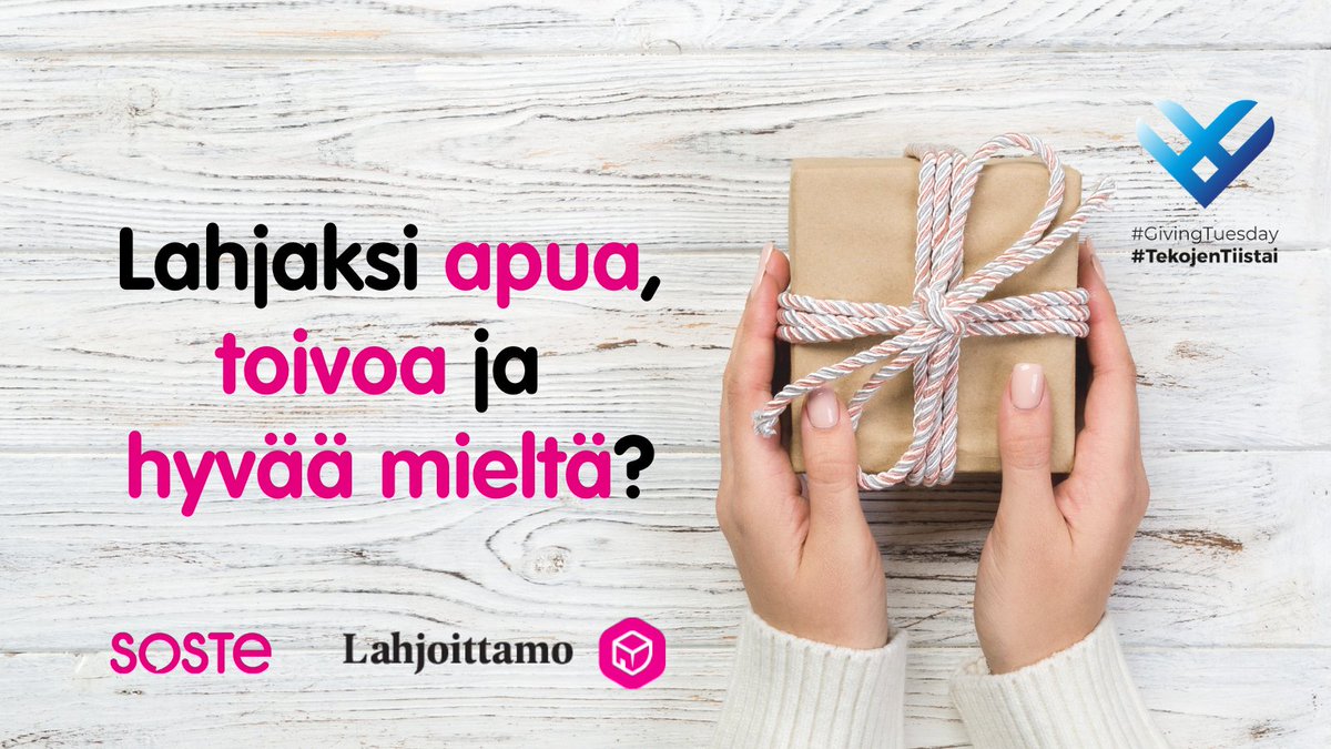SOSTE10's tweet photo. Tänään on #TekojenTiistai, joka lisää tietoisuutta ajan ja avun antamisesta!

Muistaisitko läheistä tai yhteistyökumppania aineettomalla lahjalla, joka auttaa ja luo toivoa?

SOSTEn ylläpitämästä Lahjoittamosta löydät yli 60 järjestöä lahjoituskohteineen👉 https://t.co/YwKRAHjmr9 https://t.co/tPSEzD3BrV