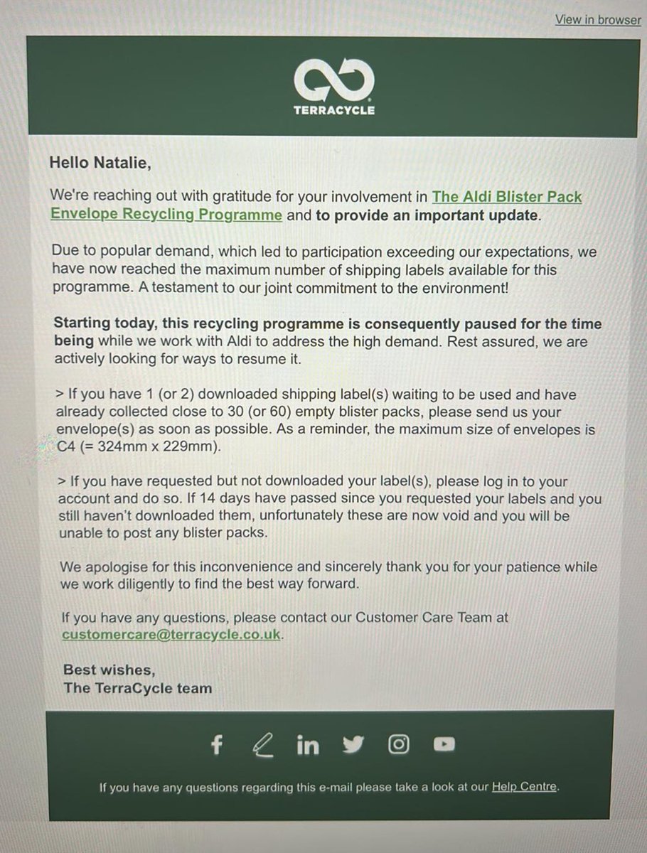 The @TerraCycleUK @AldiUK Blisterpack Recycling program has been halted due to overwhelming demand! This shows how much a NATIONAL, MULTI-AGENCY, recycling system would be used. Time to play? @ABPI_UK @RochePharmaUK @Pfizer_UK @tevapharmeurope @AstraZeneca @bmsnews et co?