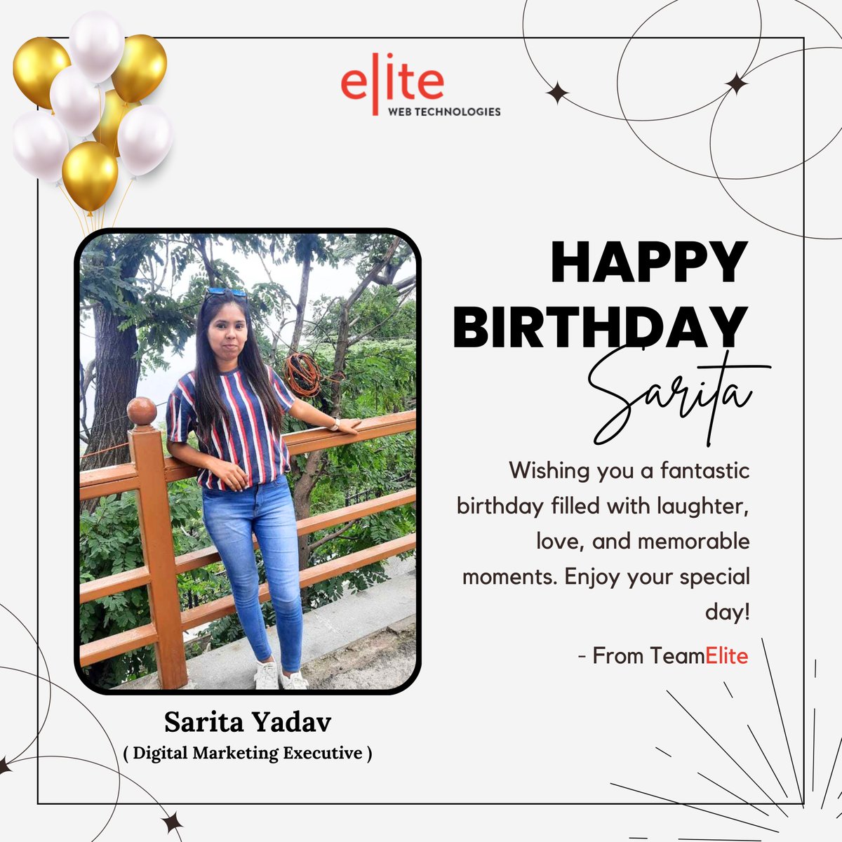 EliteWebTech's tweet image. Wishing a very Happy Birthday to the woman who turns data into marketing gold -  Sarita Yadav Your expertise is a gift to our team.

May your day be filled with joy and your year with soaring analytics. 📈✨

#TeamElite #EliteWebTechnologies #happybirthday #birthdaycelebration