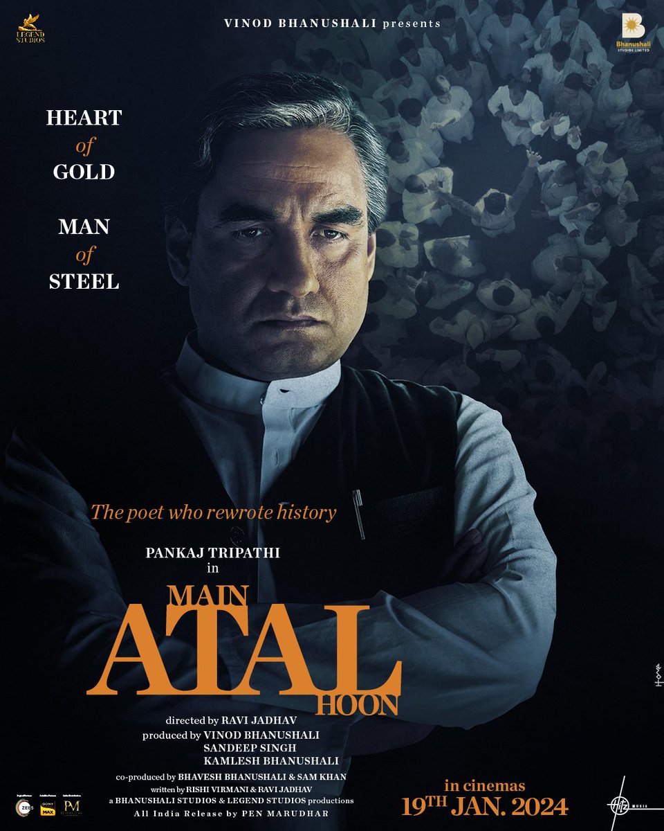 TripathiiPankaj's tweet photo. Heart of Gold... Man of Steel... A versatile Poet... The visionary behind the New India. 
Witness the story of Shri Atal Bihari Vajpayee, #MainATALHoon in cinemas 19th January 2024.

@meranamravi @vinodbhanu @thisissandeeps #KamleshBhanushali @thewriteinsaan #BhaveshBhanushali https://t.co/020GDHgg9O