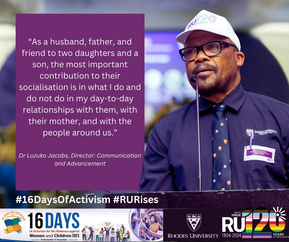 Rhodes_Uni's tweet photo. Leading by example. Dr. Luzuko Jacobs highlights the power of actions over words in shaping our children's socialisation. Every interaction, with them, their mother, and others, crafts a better future.

🌟👨‍👩‍👧‍👦 
#16DaysOfActivism #RURises

Report GBV to m.buso@ru.ac.za or 046 603 8187