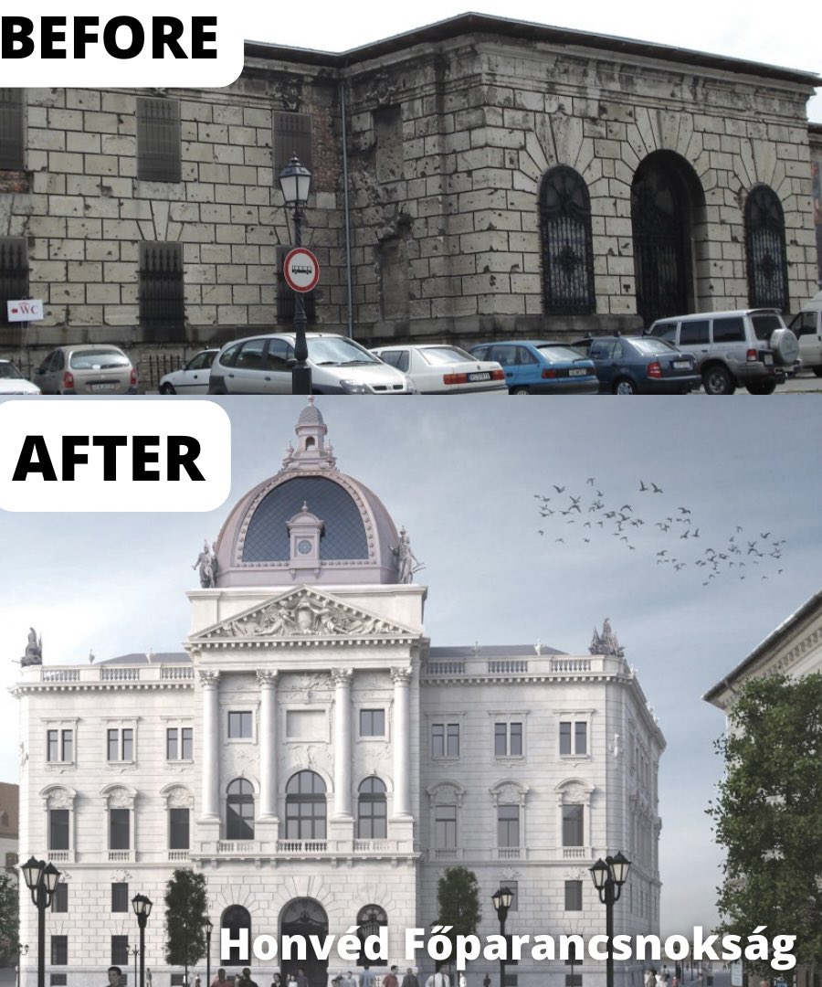 BalazsOrban_HU's tweet photo. The rebuilding of the Honvéd High Command building in #Hungary is at full speed! 

During WWII, it suffered a severe but not fatal hit. However, the restoration was neglected, and the building was dismantled to the first floor on the decision of the #communist regime for ideological reasons.

Now, the #conservative govt will restore it to its former glory, worthy of Hungary’s millennial past.

#ArchitecturalRevival🇭🇺