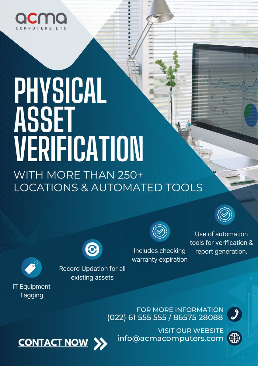 AcmaLtd's tweet photo. Here's how ACMA can help you maintain your I.T. Infrastructure with it's Physical Asset Verification services!
.
.
.
#TechNews #CodeMasters #DigitalSolutions #ITExcellence #InnovateWithTech #CodeCrafters #DataDrivenFuture #ITRevolution
#ElevateWithIT #TechTuesday #TechTalkTuesday https://t.co/Y2A7sdSTQH
