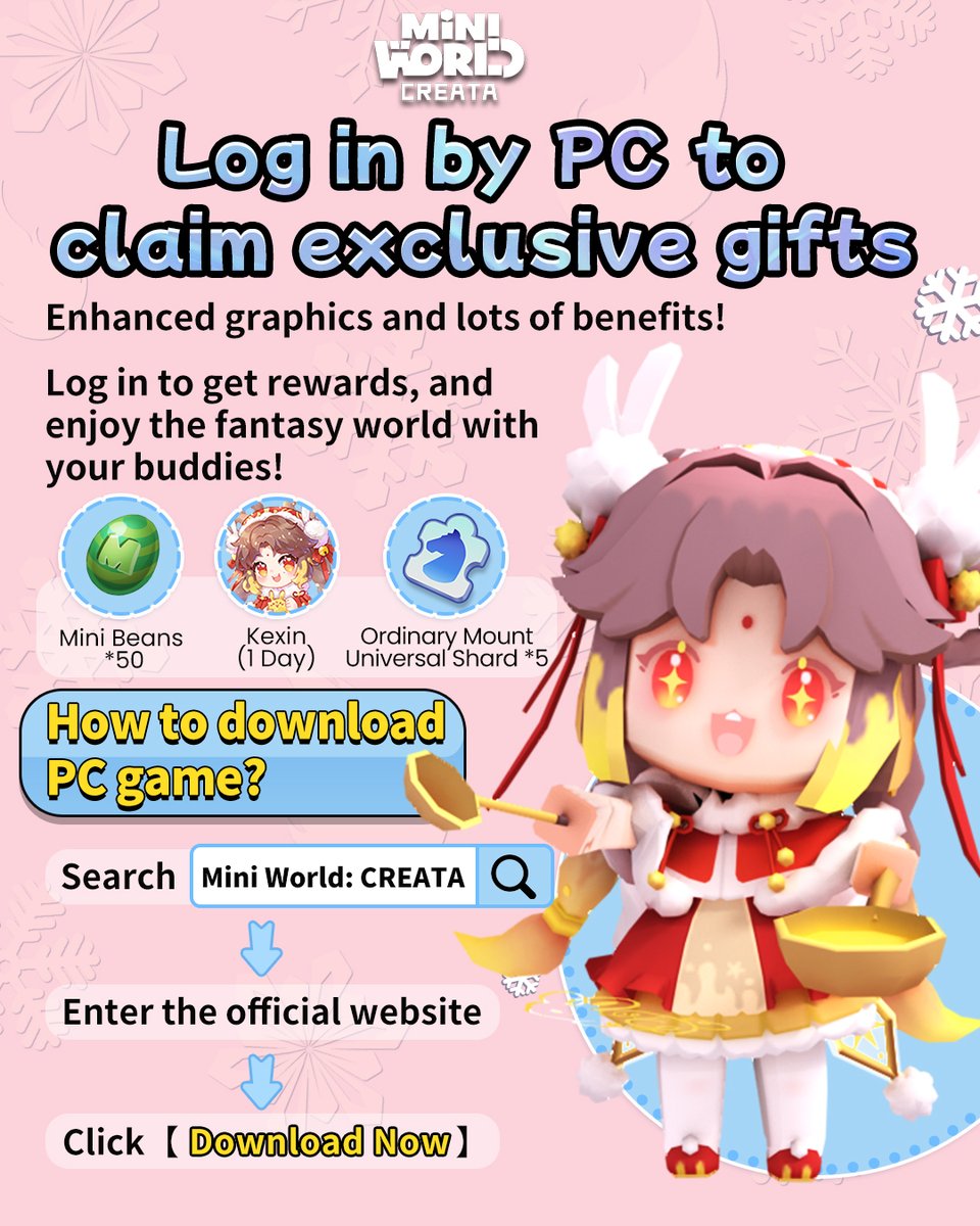 MiniWorld_EN's tweet photo. ๐ More new perks are here! Log in on your PC, click on "Claim Benefits" to get Tang Kexin, and also get Mini Beans and mount fragments for free! ๐๐
Bring your friends and enjoy an immersive gaming experience on PC! ๐ฅ๏ธ๐ฅ
#MiniWorld #MiniSnow #miniworlden #miniworldcreata https://t.co/Dbwotv5sNy