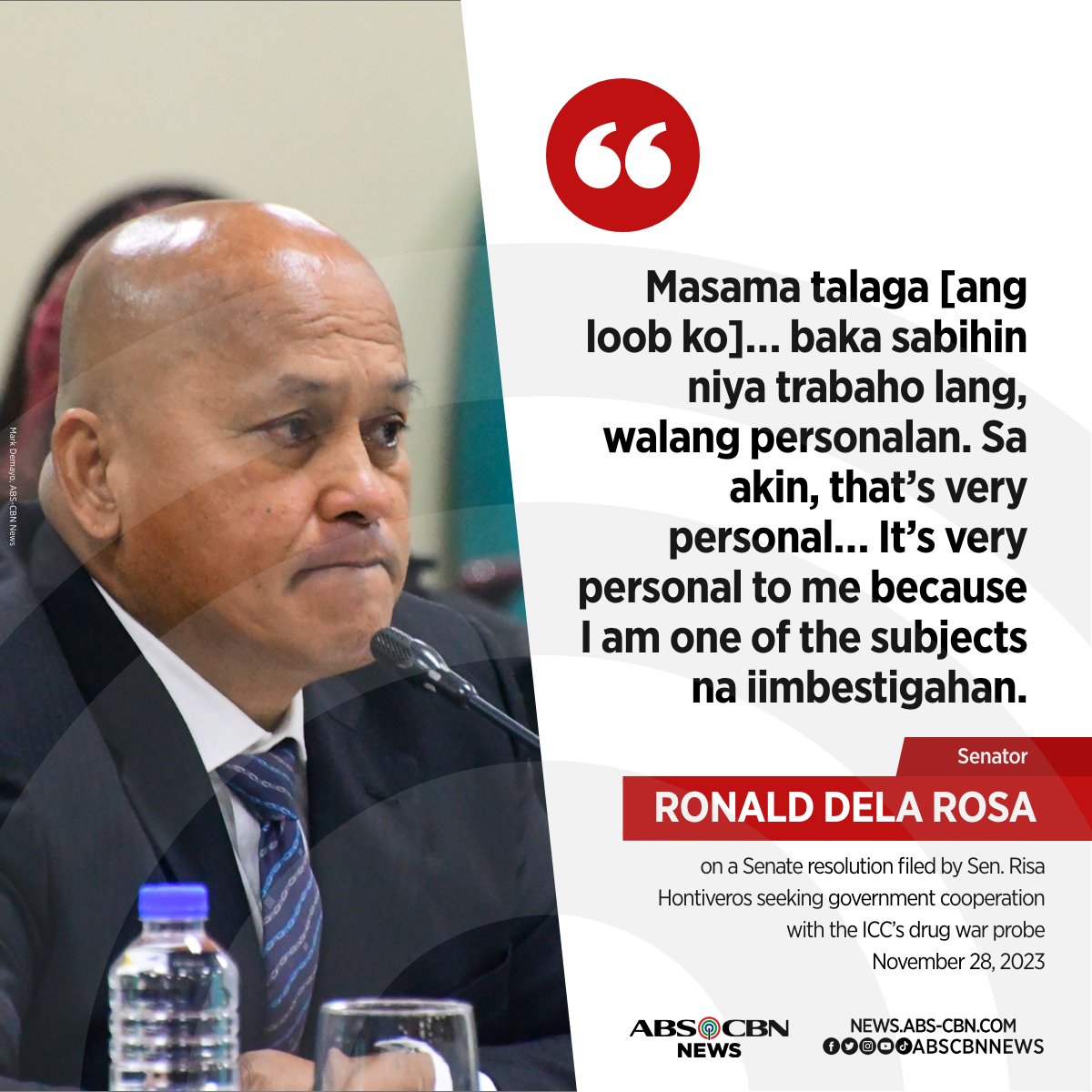 ABSCBNNews's tweet photo. Para kay Sen. Ronald dela Rosa, personal ang paghain ni Sen. Risa Hontiveros ng resolusyon na naglalayong payagang mag-imbestiga ang ICC sa drug war ng nakaraang administrasyon.
 
BASAHIN ang kaugnay na ulat: https://t.co/zZMwn5tIsB https://t.co/zPbgBN1lnx