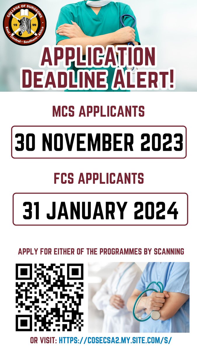 Don't miss your chance to join the Prestigious family of Surgeons in the East, Central, and Southern Africa!
Application deadlines for Membership(MCS) and Fellowship(FCS) in the College of Surgeons are;
 MCS: By November 30, 2023,
  FCS: by January 31, 2023.
Apply today!