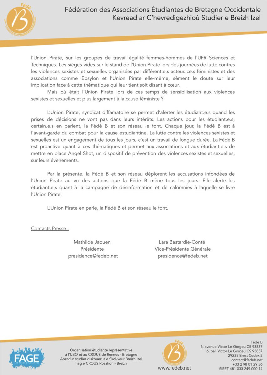 Fédé B (@fedebzh) on Twitter photo #CDP | Notre réponse au communiqué diffamatoire de l’<a href="/UnionPirate_UBO/">Union Pirate Finistérienne 🇵🇸🇳🇨</a> ci-dessous.
La Fédé B est son réseau sont, tous les jours, moteurs de la lutte contre les violences sexistes et sexuelles.
La campagne de désinformation dont ce syndicat fait preuve est déplorable. #CDP | Notre réponse au communiqué diffamatoire de l’<a href="/UnionPirate_UBO/">Union Pirate Finistérienne 🇵🇸🇳🇨</a> ci-dessous.
La Fédé B est son réseau sont, tous les jours, moteurs de la lutte contre les violences sexistes et sexuelles.
La campagne de désinformation dont ce syndicat fait preuve est déplorable.