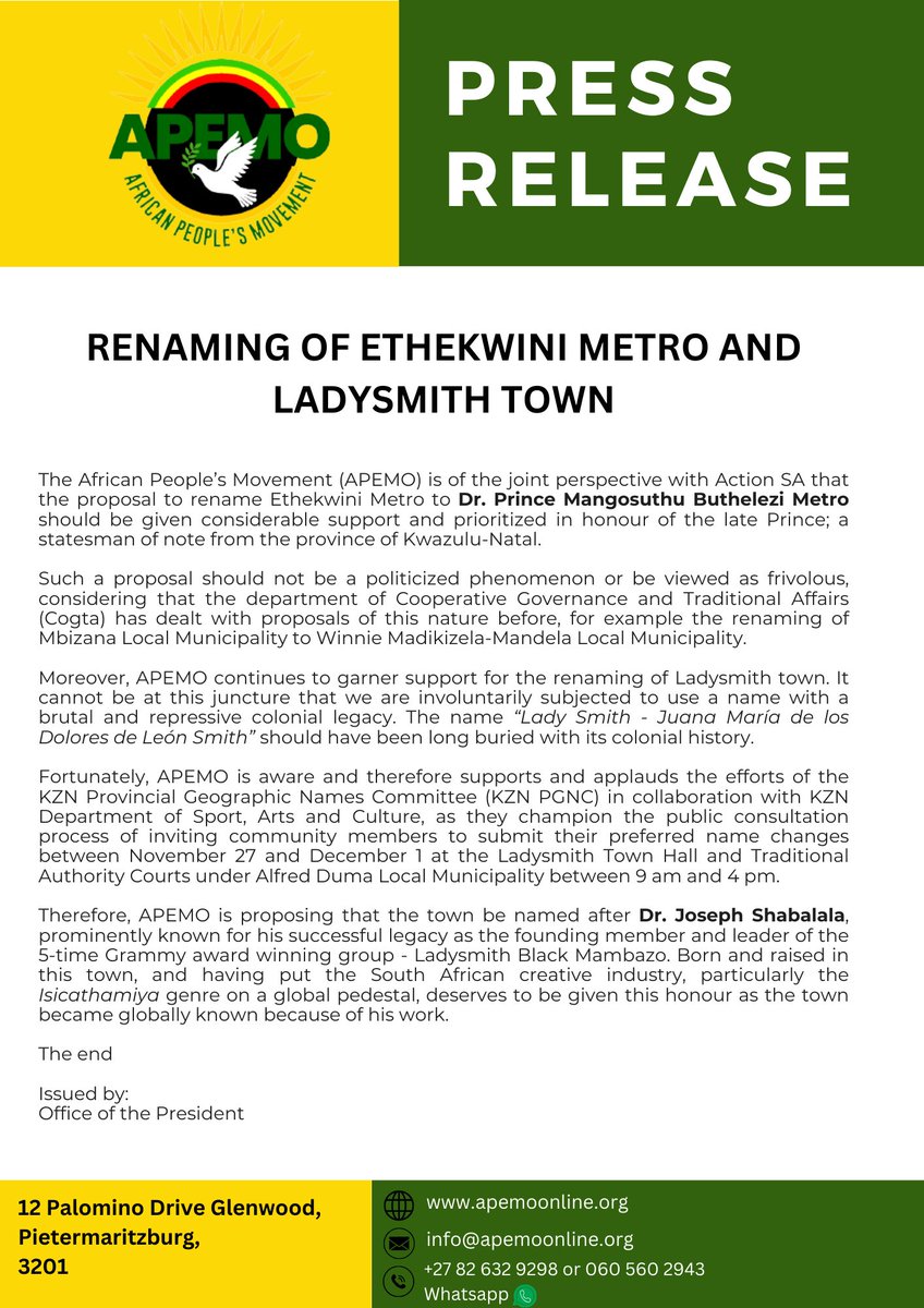 apemo_people's tweet photo. Press Release: Renaming of Ethekwini Metro &amp; Ladysmith Town https://t.co/j9hFdAdAAI