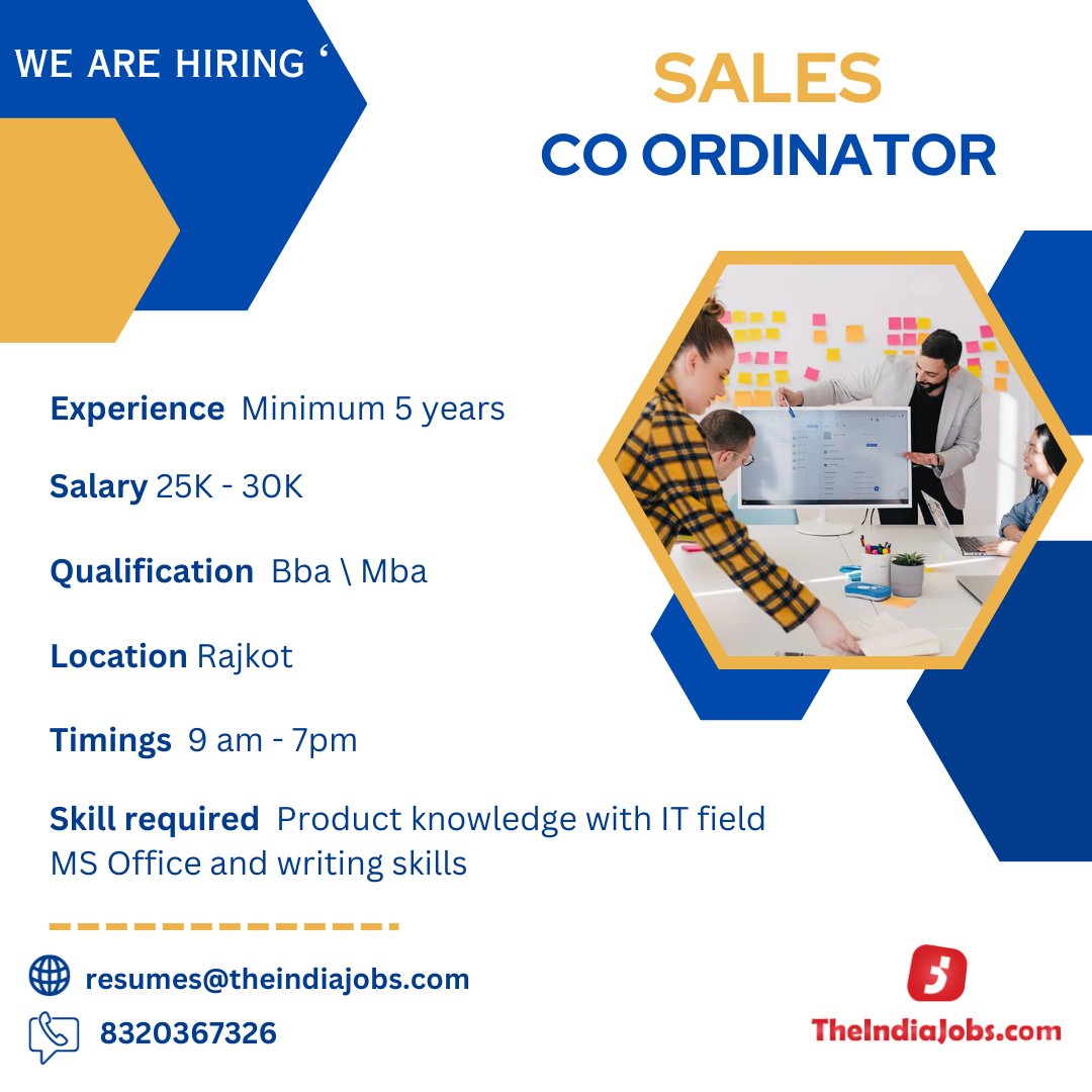 LOOKING for sales coordinator!
Join our passionate team and make a difference.
To apply kindly share your CV to resumes@theindiajobs.com

#sales #salescoordinator #hiringnow #applynow #recruitment #jobs #jobsinrajkot #theindiajobs