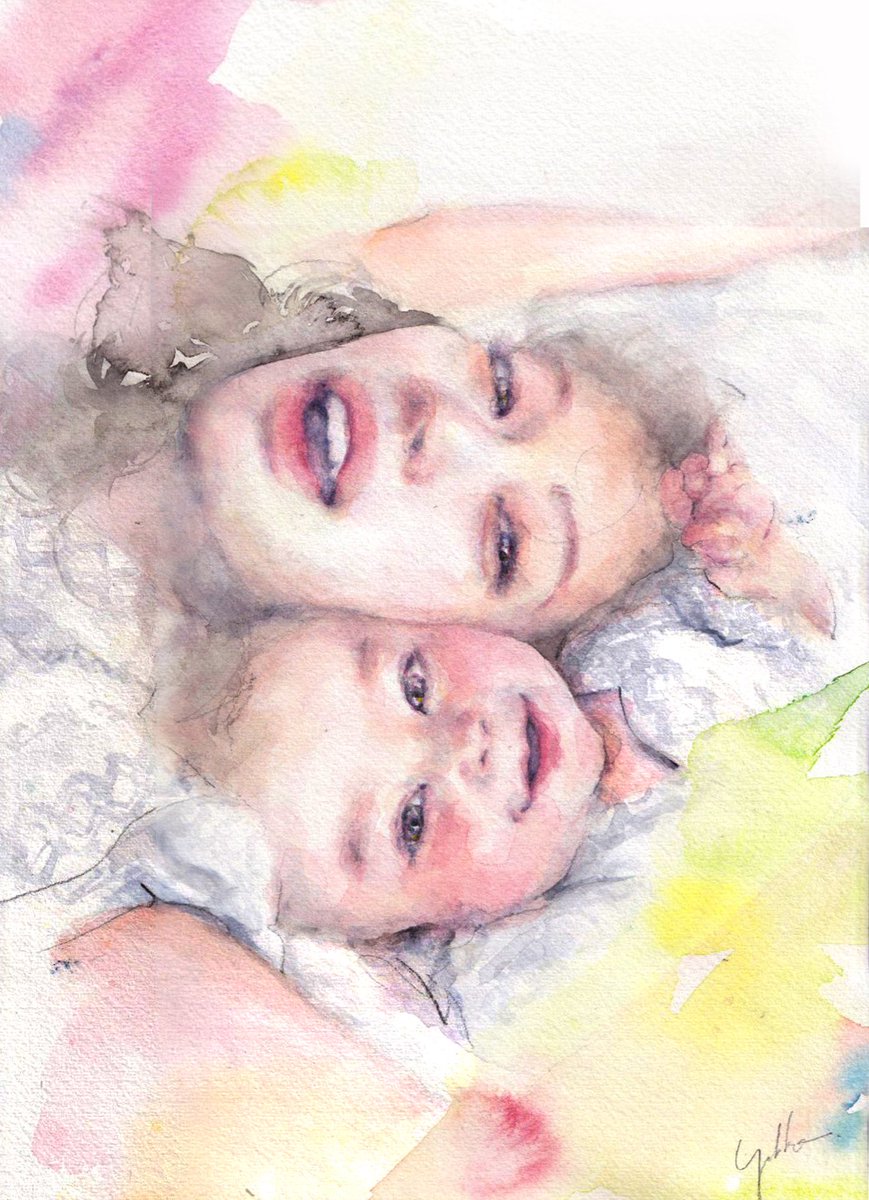 「『じゃれ合う2人』  こちらは「妻へのプレゼント」として、ご依頼いただいた水彩画」|yukkoのイラスト