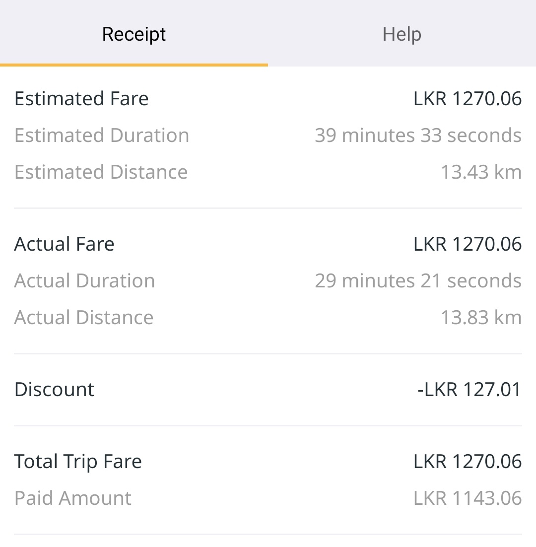 So <a href="/PickMeLK/">PickMe (Sri Lanka)</a> promos are just a ruse?
Before adding the promo it shows a lesser amount than with the promo. 
(It stated a 10% discount and Max 500/- off)

Then the receipt shows a completely different estimate 🤔