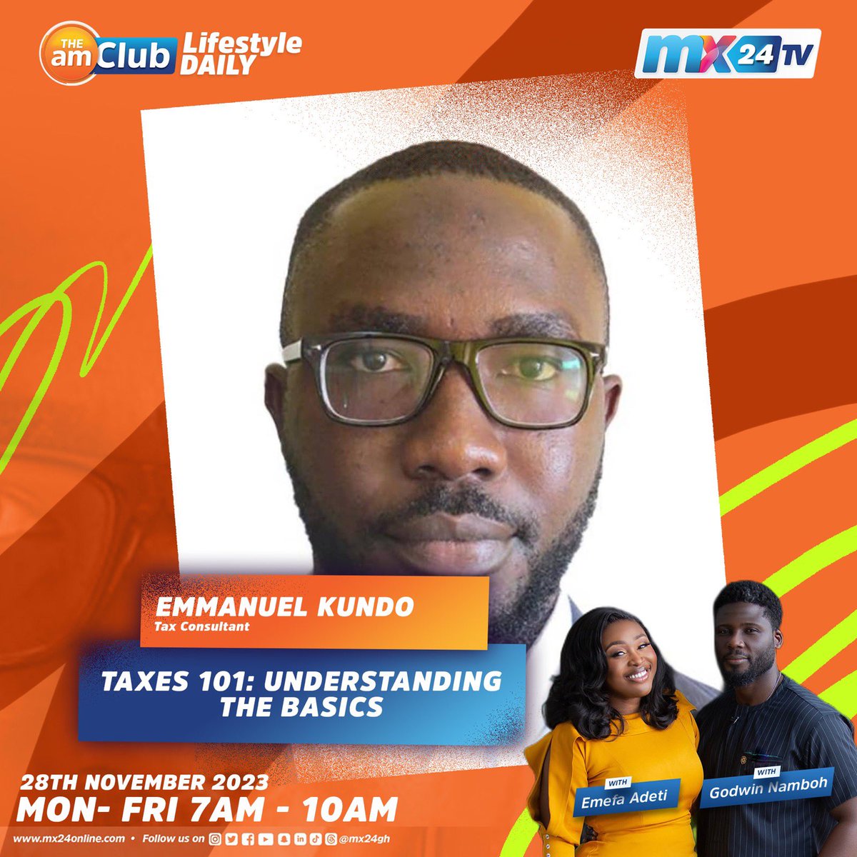 mx24gh's tweet photo. Let’s understand the basics of Taxes, plug you to #MyPraise by #PottersFamilyChapel and spotlight the Ghana Environmental and Sanitation Awards. 

Don’t miss the show today. 

#mx24gh #funfearlessfactual #TheAmClub https://t.co/QOOqVlNHvE