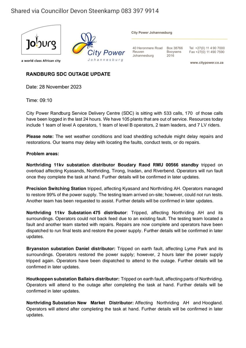 THEDEVCHEV's tweet image. ⚡️#NorthridingAH #Kyasand
28 November 2023 09h15 - Cllr Devon Steenkamp 

Latest feedback from City Power