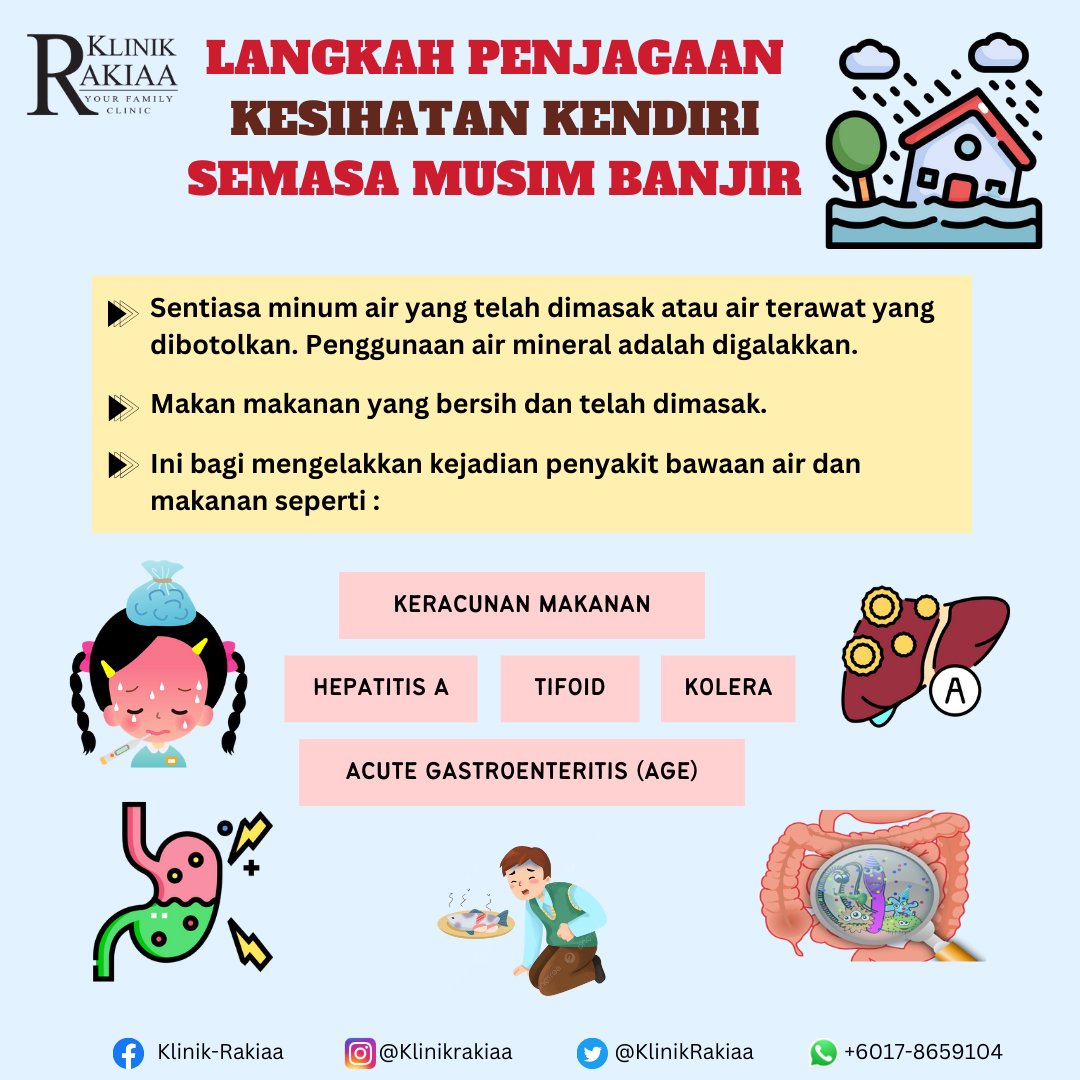 KlinikRakiaa's tweet photo. Org ramai haruslah sentiasa mengambil langkah-langkah penjagaan kesihatan kendiri semasa musim banjir bagi mengelakkan kejadian penyakit bawaan air &amp; makanan seperti yg dikongsikan. https://t.co/FFL5guCYEN