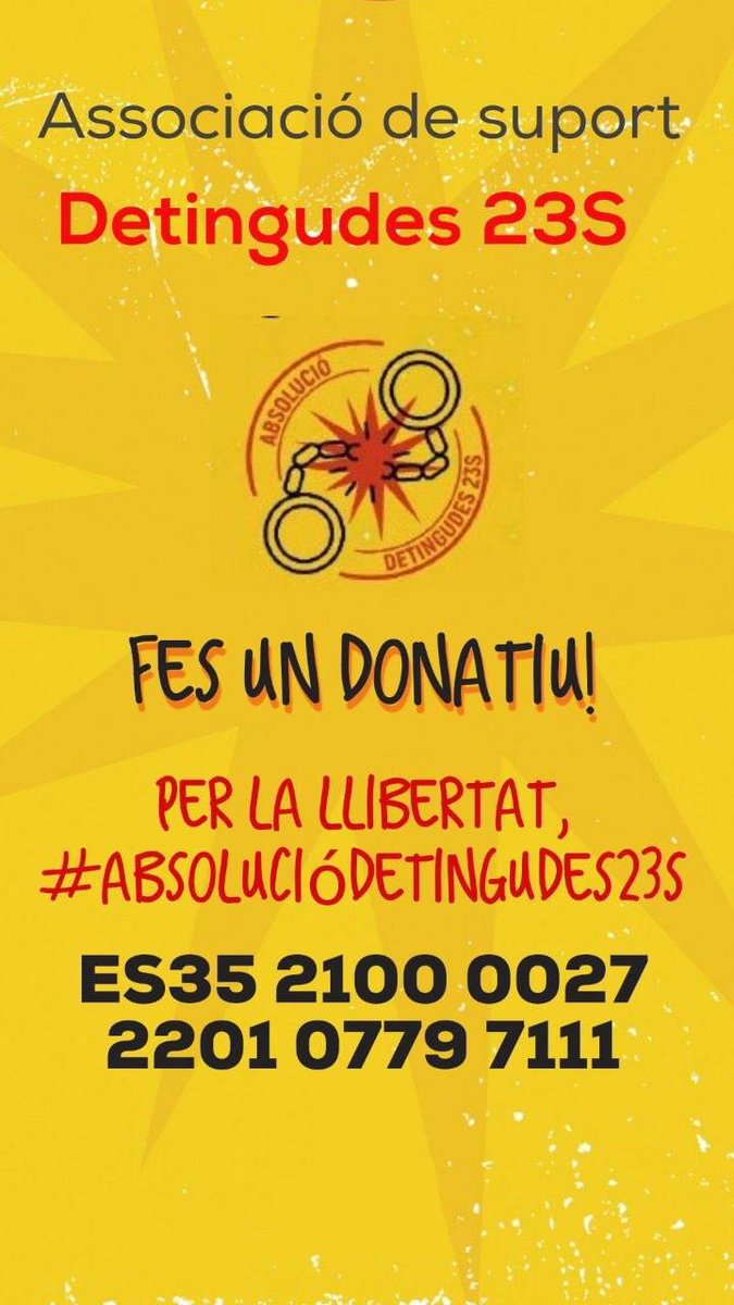 🎯 L'estat apunta, l'Audiència Nacional dispara. Per això, ara ens acusa de terrorisme i ens demana de 8 a 27 anys de presó per a les 12 #CDR encausades a l'Operació Judes.

Per aquest motiu, necessitem enfortir-nos, per ser fortes a cada carrer, a cada judici, col·labora!👇🏽