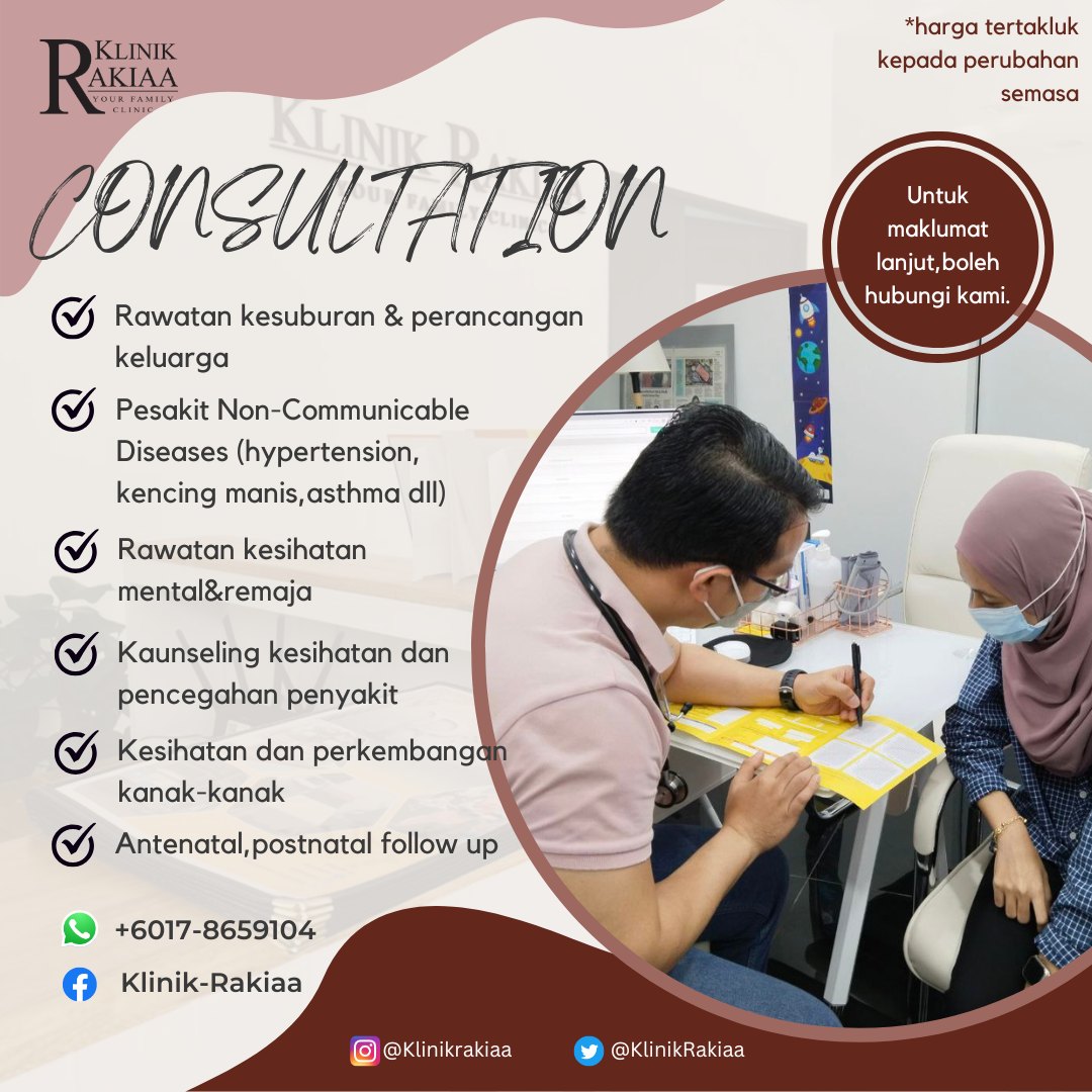 KlinikRakiaa's tweet photo. Kesihatan anda semakin terjejas sejak kebelakangan ini?

Mari dapatkan konsultasi dan rawatan di Klinik Rakiaa.
Doktor kami akan menerangkan kondisi dan berbincang bersama-sama solusi anda.

Your health matters 🌷

Untuk maklumat lanjut, hubungi kami di;
https://t.co/th4TLhLgeU https://t.co/MbAnnRu20y