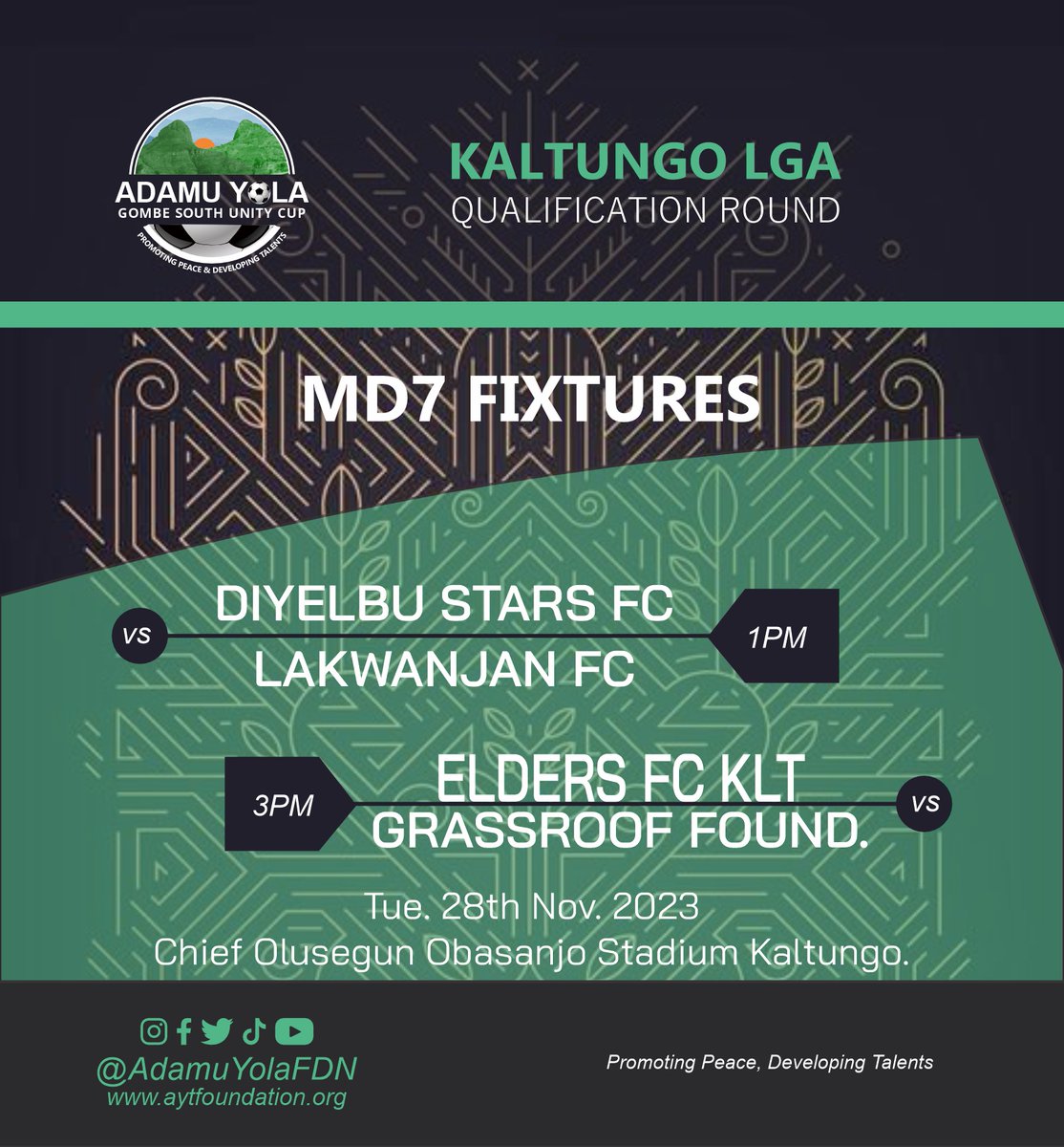 AdamuYolaFDN's tweet photo. Actions return to the Chief Olusegun Obasanjo Stadium Kaltungo by 1pm with Diyelbu Stars FC against Lakwanja FC while FC Elders Kaltungo will battle Grassroot Foundation Academy by 3pm. https://t.co/zR1wWa1xSG
