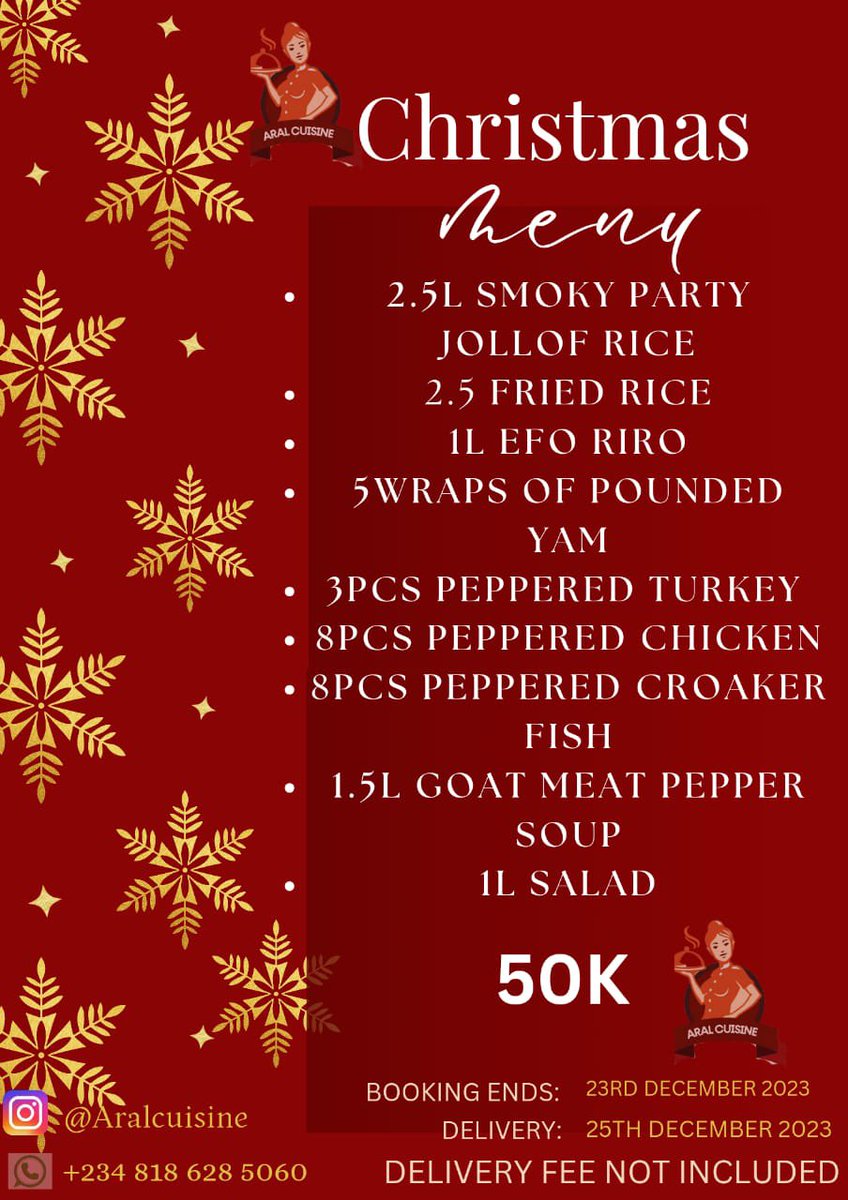 jesus_funmi's tweet photo. Hey X Family have you been thinking of what to gift your loved ones, are you too busy to cook and looking for home made food, are you also planning an event for this yuletide season??? Well look no further as we've carefully selected some sumptuous menu for this festivity. https://t.co/ofjz6TKylC
