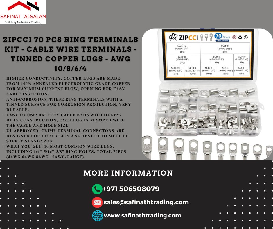 ZIPCCI 70 Pcs Ring Terminals kit - Cable Wire Terminals - Tinned Copper Lugs - AWG 10/8/6/4 

#Industrial #IndustrialElectrical #WiringConnecting #Terminals #Ring #ZIPCCI70PcsRingTerminalskitCableWireTerminalsTinnedCopperLugs #CableWireTerminals #CopperLugs #Dubai #Sharjah #UAE