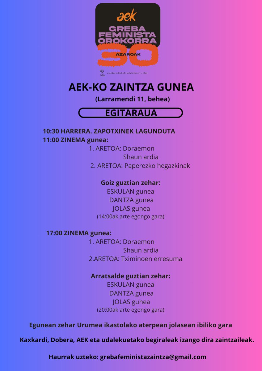 Egitarau oparoa prestatu dute AEKko kideek zaintza-gunerako. Zerbitzua erabili behar izanez gero, idatzi grebafeministazaintza@gmail.com helbidera⬇️
#Az30Nov
#GrebaFeministaOrokorra
#HuelgaFeministaGeneral
#ZaintzaEskubideKolektiboa
#DerechoColectivoAlCuidado