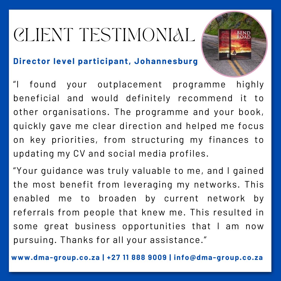 dmapeople's tweet photo. This testimonial highlights the positive impact our outplacement services have had and the benefits they have brought to one of our recent participants. Visit https://t.co/xs7BNxqXEW, call +27 11 888 9009 or email info@dma-group.co.za.
 
#outplacement #careertransition #dmagroup https://t.co/UXANrv6qjF