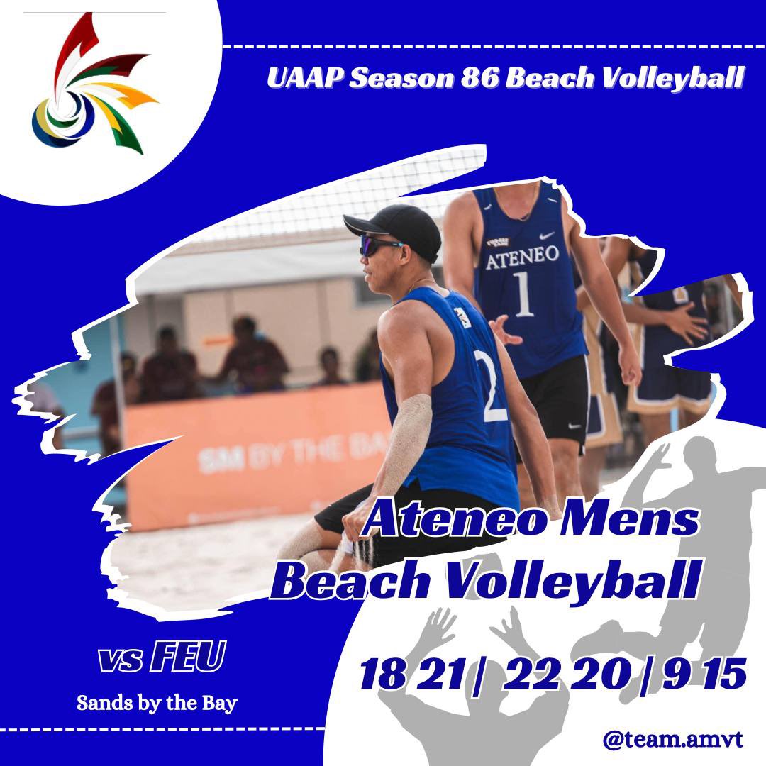 TeamAMVT's tweet photo. In a heart-stopping Battle for Bronze, Ateneo displayed unwavering spirit against FEU, concluding the season with a score of 18-21, 22-20, and 9-15. The sands may have seen defeat, but the Blue Eagle legacy stands tall.

#TeamAMVT #AMVT #UAAP86 #UAAPBeachVolleyball https://t.co/5oVuwKveeO